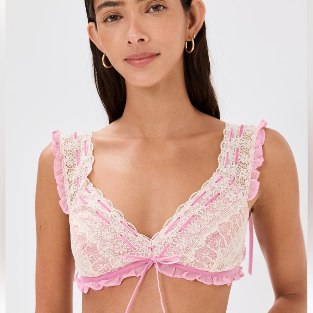 For Love And Lemons “Dauphine” Pink and Cream Lace Bralette